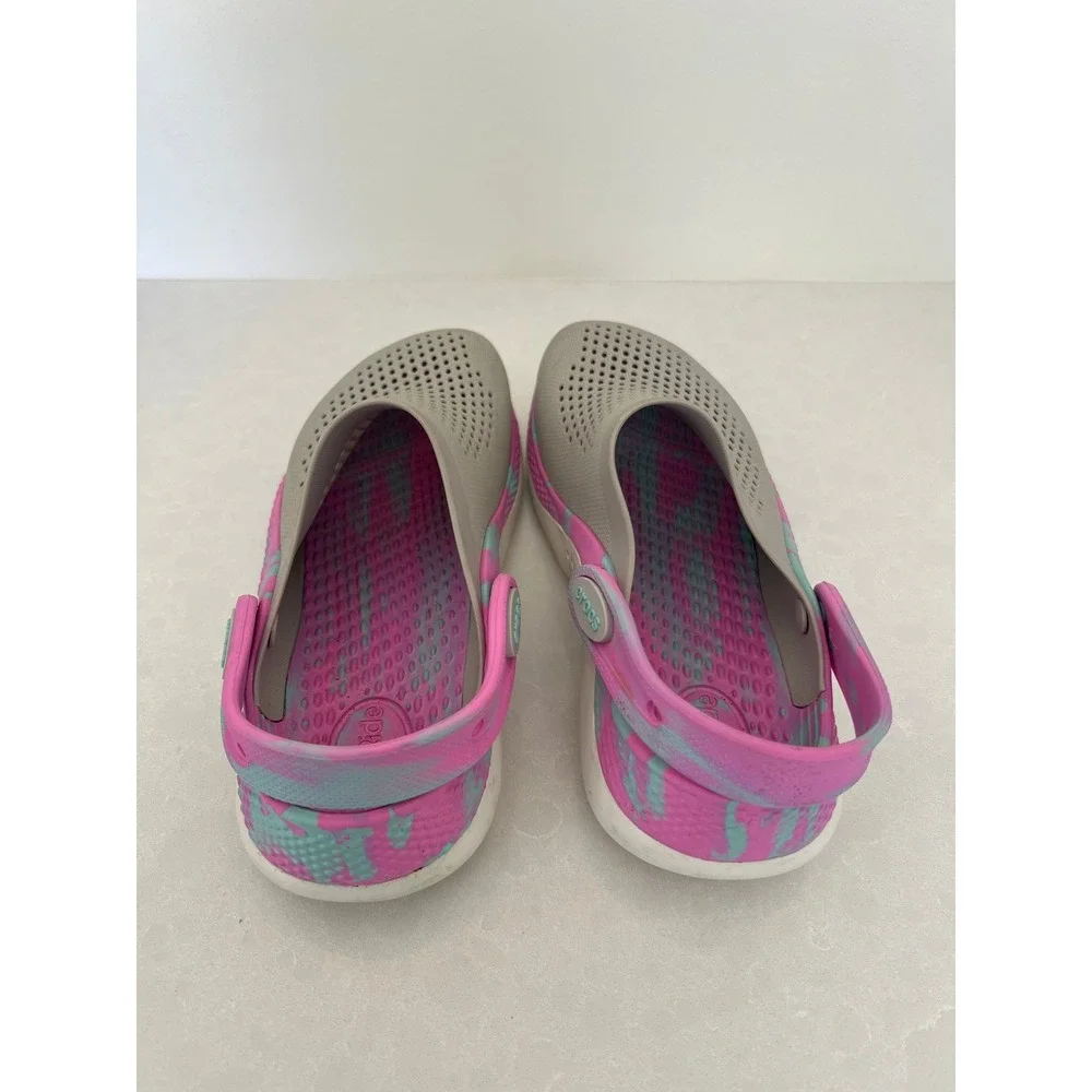 Crocs LiteRide Clogs Kids‎ J3 Grey Pink Teal Marble Swirl Slip On Shoes